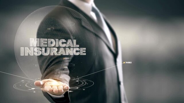  Medical Insurance Businessman Holding in Hand Hologram technologies