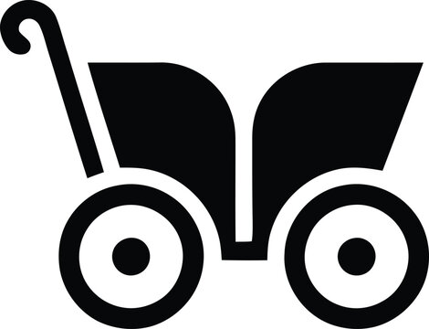 Simple black and white icon depicting a classic baby carriage