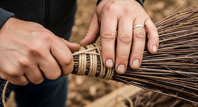 Hands carefully binding together a bundle of twigs with natural twine