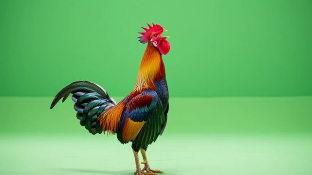 Vibrant rooster displays colorful plumage and assertive stance on a green background for