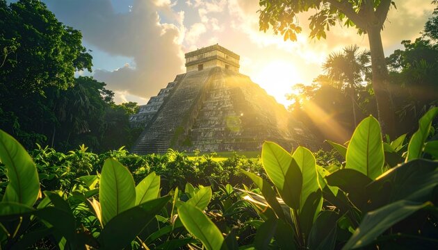 Chichen Itza Pyramid at Sunrise - Ancient Mayan Wonder in Yucatan.