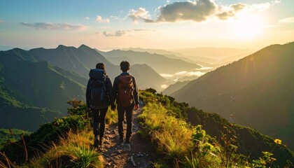 Fototapeta premium Adventurous hikers exploring scenic mountain landscape at sunset.