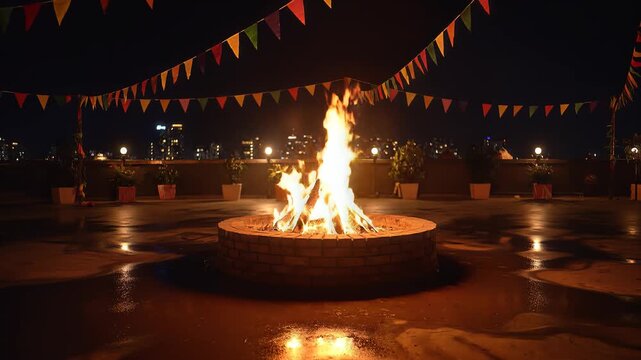 Holika Dahan Bonfire Burning Brightly on Rooftop at Night Festival