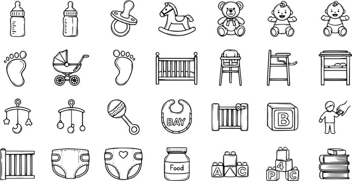 Hand Drawn Black and White Line Art Baby  Childcare Icon Set: Newborn Infant Objects Collection