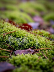 A close-up of dew-kissed moss, spider silk threads, and forest floor debris