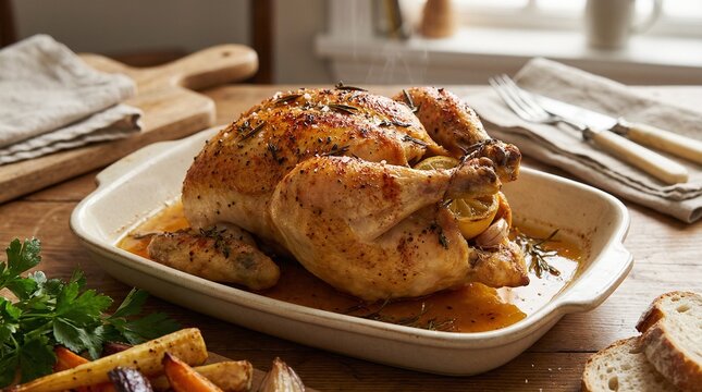 Roasted chicken with herbs and vegetables on wooden table  