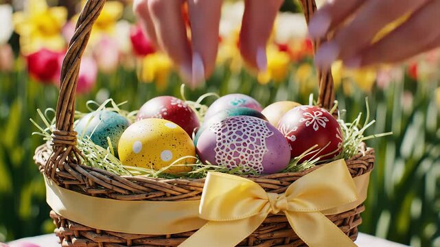Close-up of hands carefully placing beautifully decorated colorful Easter eggs into a rustic wicker basket filled with green grass, celebrating the joyous spring holiday amidst a vibrant blooming gar.