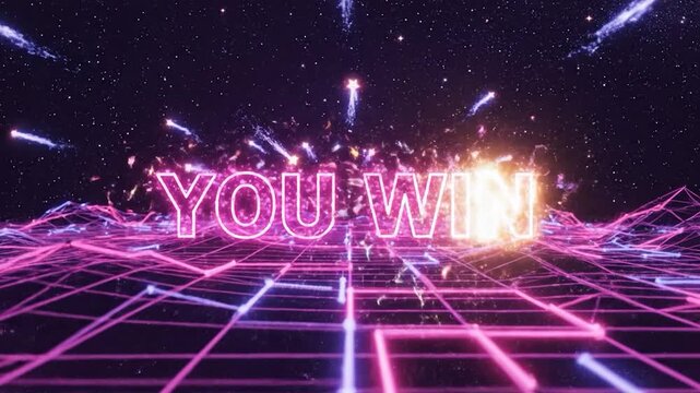 Neon "YOU WIN" over a cosmic grid with stars and nebulae
