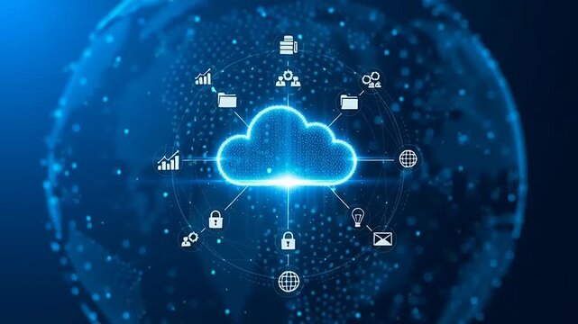 Global Cloud Computing Network Visualization Depicting Secure Data Storage, Information Exchange, and Interconnected Digital Technology Ecosystem for Modern Business and Media Solutions
