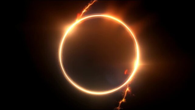 Fiery trails of light and sparkling particles rotating around a luminous golden circular frame