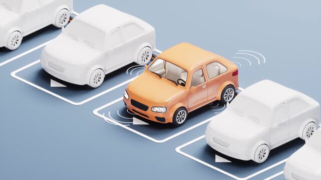 Autonomous car parking itself in a digital environment with other vehicles, showing advanced intelligent driving systems and technology footage