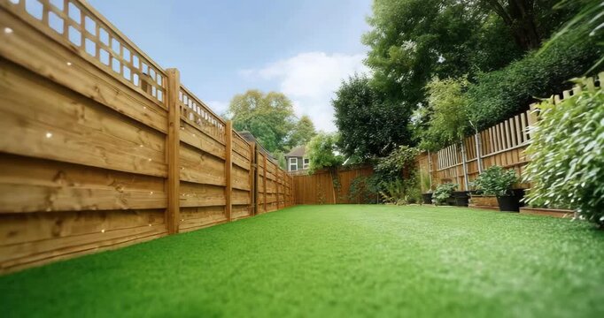 Serene backyard oasis with lush green artificial turf and wooden fence