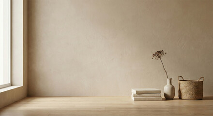 Minimalist Empty Beige Wall Room Interior with Books and Dried Flower Vase