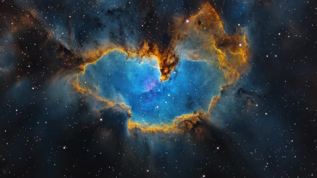 A vibrant cosmic nebula with swirling blues, oranges, and deep space surrounding a stellar heart
