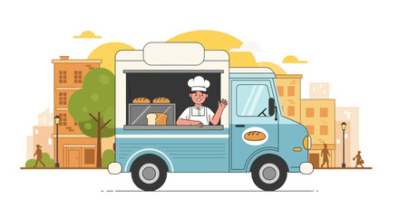 Obraz premium Charming bakery food truck with friendly baker, dispensing fresh baked goods in city setting