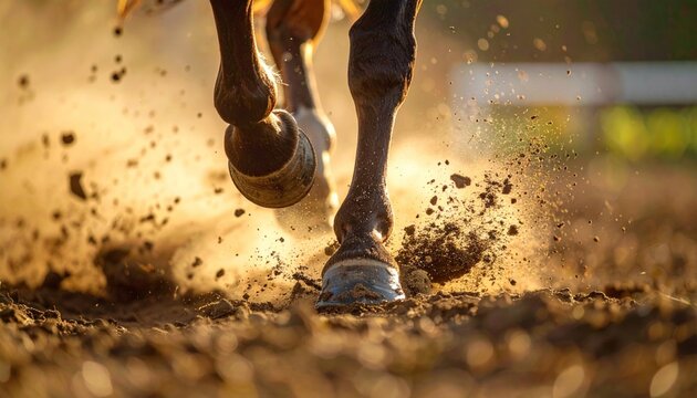 Close-up of Horse Hooves Kicking Up Dust During a Gallop.