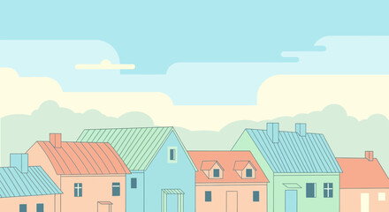 Naklejka premium Pastel-Colored Townscape Illustration with Charming Houses and Clear Skies for Backgrounds