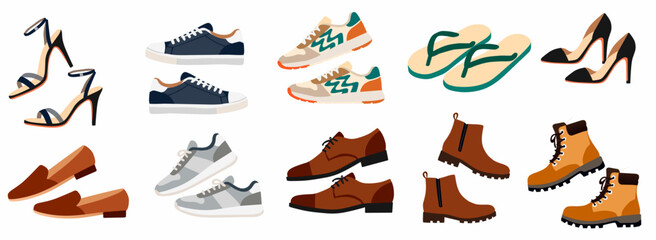 Fototapeta premium Footwear Collection in Flat Vector Style for Fashion Apparel