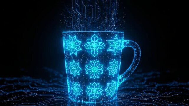 Glowing Digital Coffee Mug With Snowflake Design Illuminated By Blue Lines Against Dark Background Digital Technology For Tech-related Illustrations
