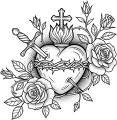 Set of Holy Heart of Mary with Roses and Sword, Hand-Drawn Line Art and Dotwork Vector Illustration for Flash Tattoo or Vintage Print Design
