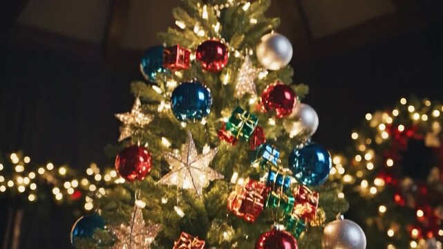 Festive tree adorned with shiny ornaments, glittering stars, and tiny wrapped gifts
