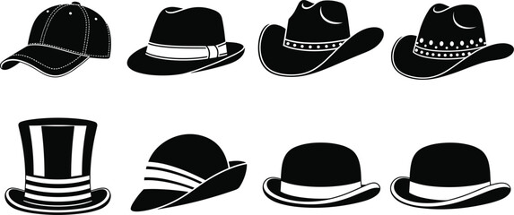 &ldquo;Eight Hat Silhouettes &ndash; Cowboy, Fedora, Bowler, Top Hat and Baseball Cap Styles on Dark Background for Fashion Design&rdquo;