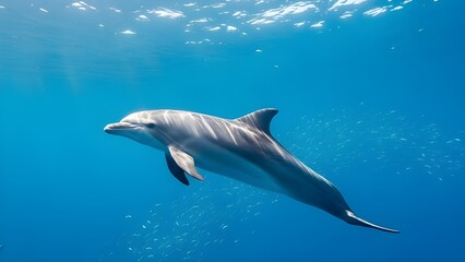 Fototapeta premium Graceful Striped Dolphin Swimming Underwater in Blue Ocean with Sunlight isolated PNG with Transparent Background