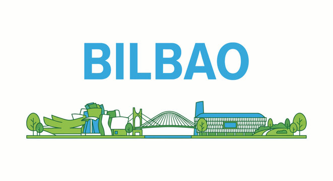 Bilbao city skyline with landmarks flat vector illustration