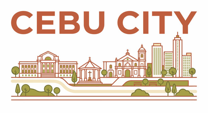 Cebu City skyline and famous landmarks vector illustration