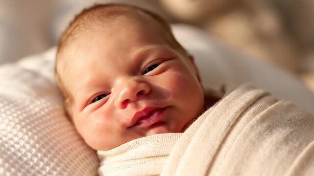Closeup of a newborn baby's face with soft light and swaddling