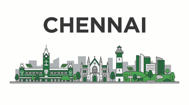 Chennai city skyline landmarks with sustainable green energy vector illustration