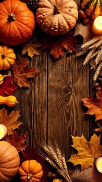 A warm and inviting fall scene featuring pumpkins, colorful leaves, candles, and rustic wooden background perfect for autumn and thanksgiving celebrations.