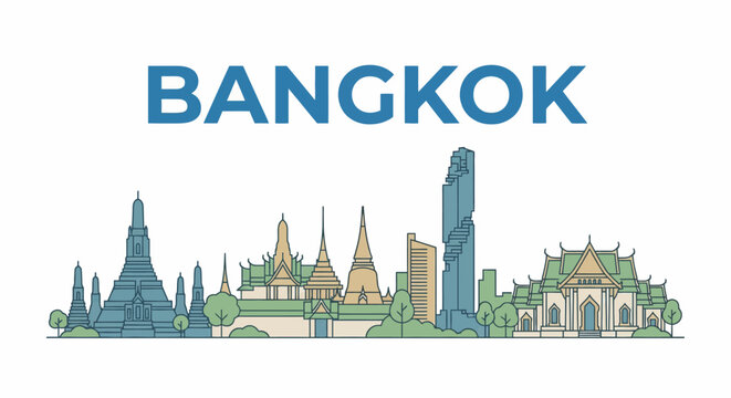 Famous Bangkok landmarks and city skyline vector illustration