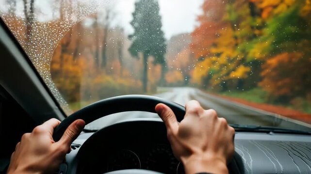 Person Drives Car With Hands On Wheel On Road In Autumn View Through Wet Windshield As Colorful Foliage Surrounds The Road For Driving Travel
