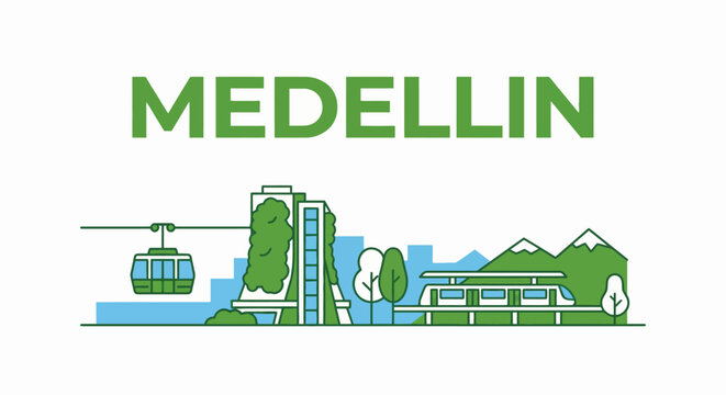 Medellin city landmarks with metrocable and train vector illustration