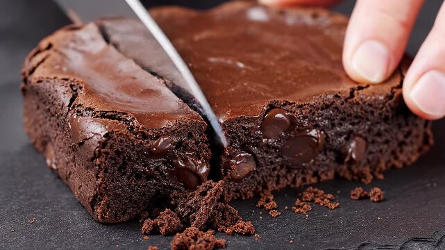 Slicing a thick chocolate brownie fudge