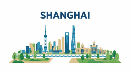 Fototapeta premium Shanghai skyline landmarks with river vector illustration