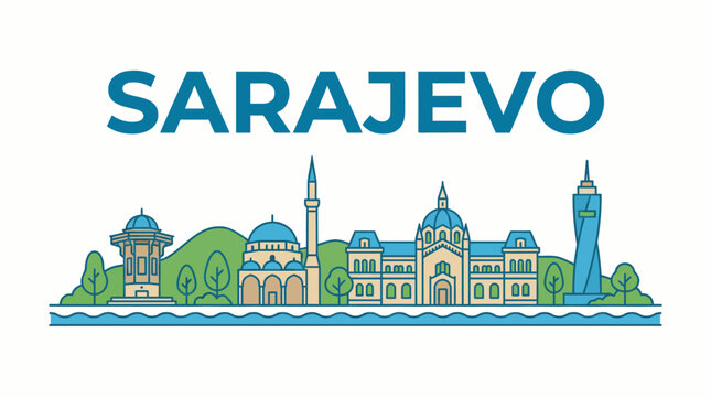 Sarajevo skyline with historic landmarks flat vector illustration