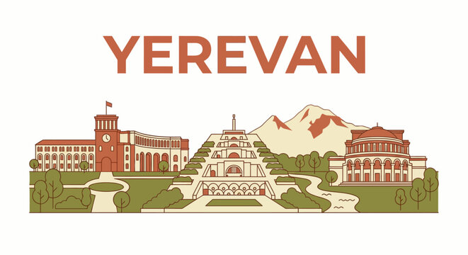 Yerevan city landmarks and skyline panorama vector illustration