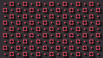 3D rendering of red geometric units with circular cut-outs and adjacent spheres arranged in grid