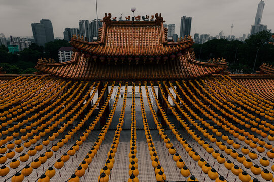 Traditional Chinese Temple Architecture with Festive Red Lanterns
