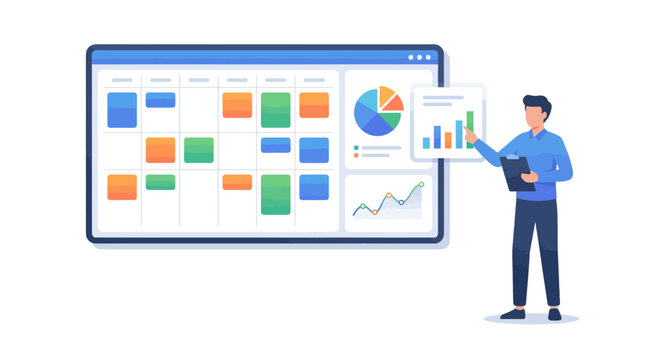 Analyzing marketing analytics on a large screen display with charts and graphs in a modern office setting from a frontal viewpoint