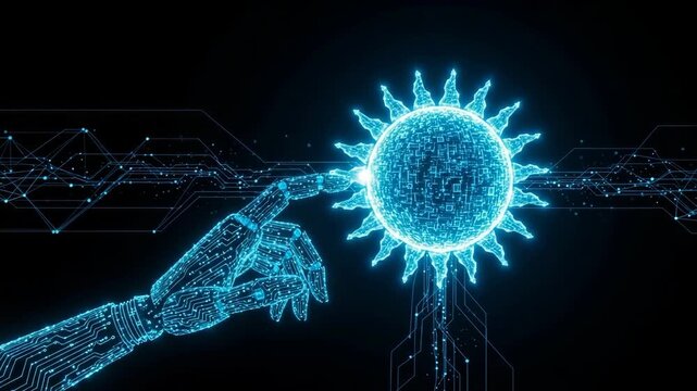 Glowing Robotic Hand Touching Digital Sun Against Dark Tech-themed Background Hinting At Innovation Science Ais Capabilities For Technology