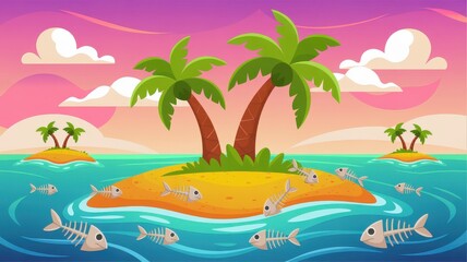 Obraz premium A serene cartoon island with palm trees and marine life