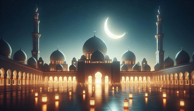 Eid ul Adha Night Scene with Crescent Moon and Mosque