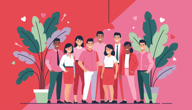 Smiling diverse team standing together in a pink office setting with plants and hearts symbolizing unity