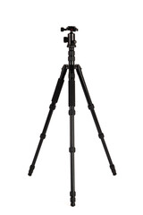 Black professional tripod for camera isolated on white background
