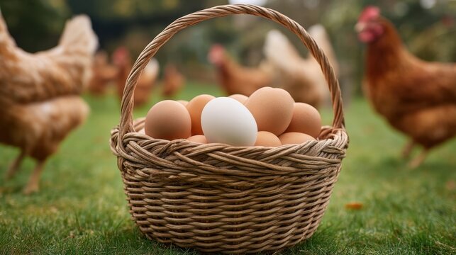 Fresh Farm Eggs in a Rustic Basket Surrounded by Free-Range Chickens on a Sunny Day