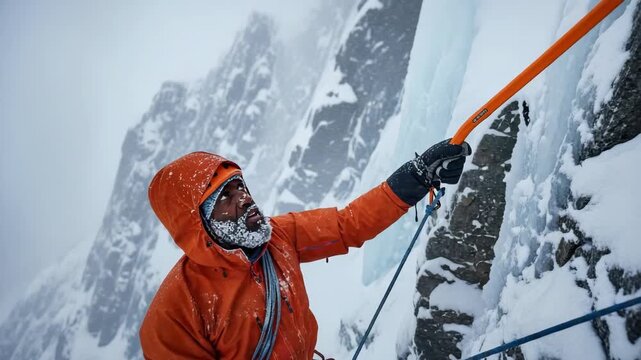Determined Climber Ascending Snowy Mountain Face With Ice Axe In Harsh Winter Conditions The Background Shows Towering Snowy Peaks It Could Be Used In Adventure Travel Winter Sports