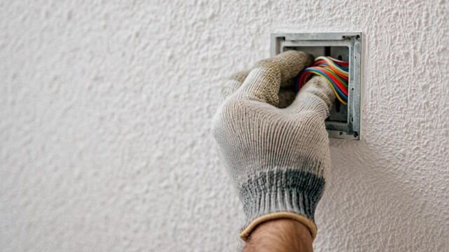 Hand in work glove installing electrical outlet on white wall.